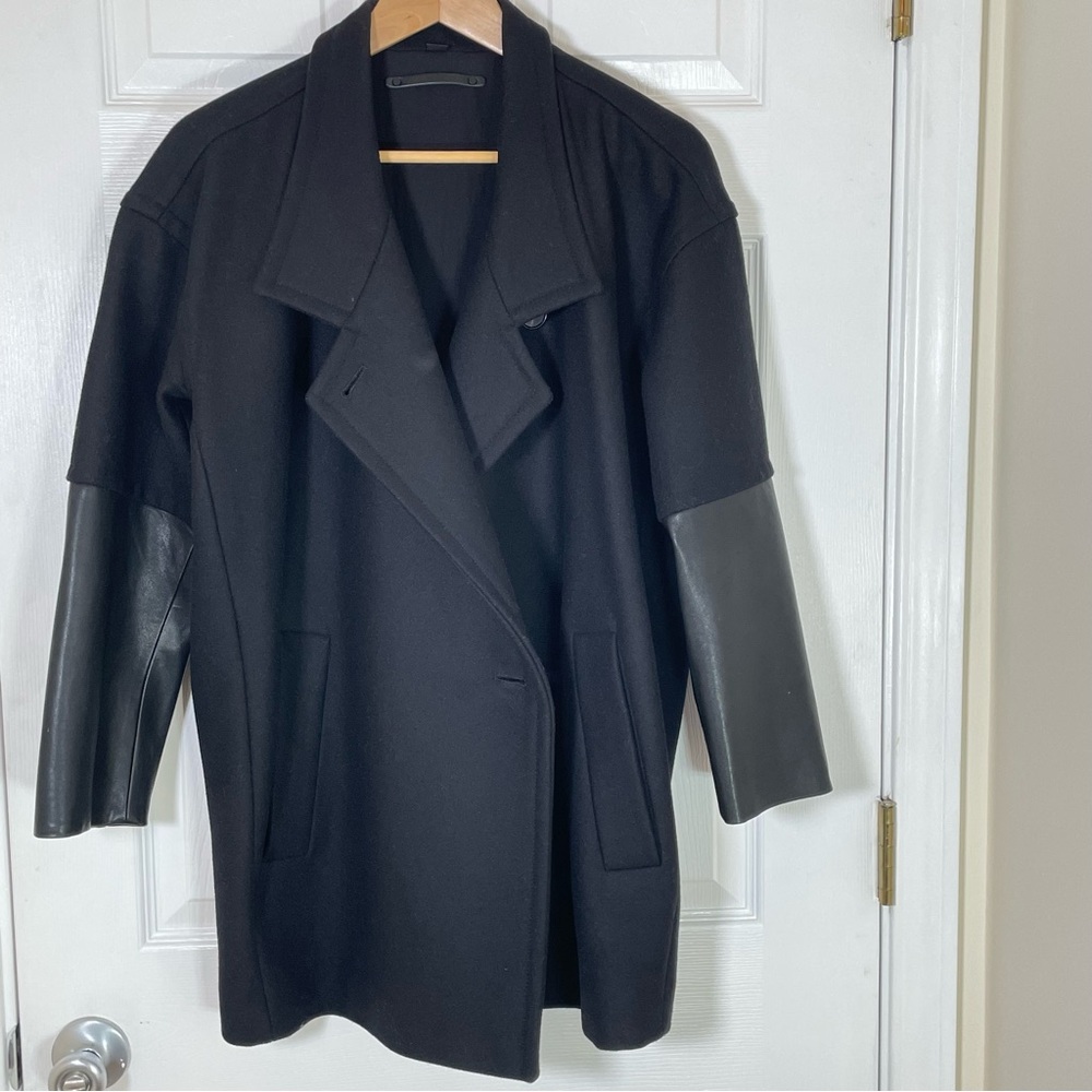 AllSaints Meade Women’s Black Pea Coat Size 4 Wool With Leather Sleeves Classic